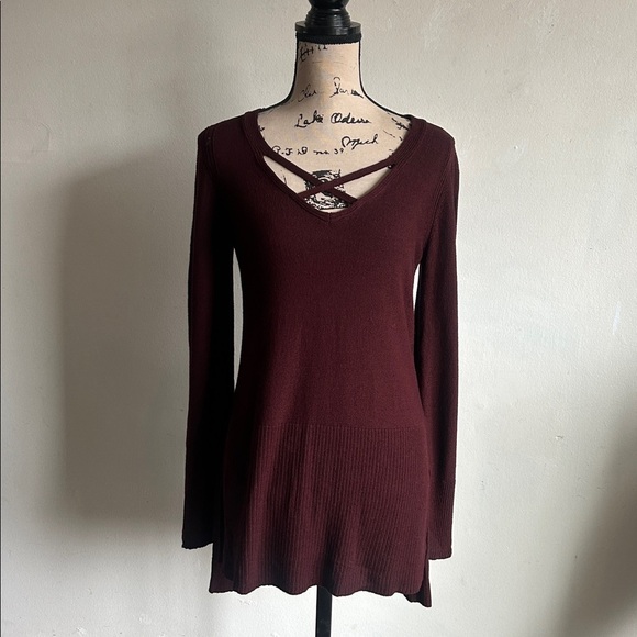 Free People Criss Cross Boho Tunic Mocha Sweater Size Small - Picture 4 of 14